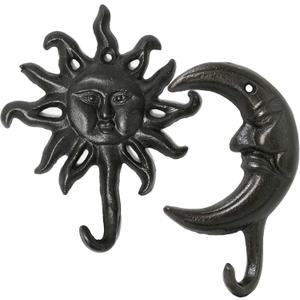 Cast Iron Hook, 2Pcs Heavy Duty Vintage Cast Iron Hooks with Screws Hanging, Antique Decorative Wall Hooks Hanger for Coat, Scarf, Bag, Towel, Key, Cap (Sun and Moon)