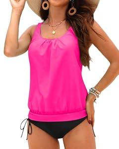 Holipick Pink Blouson Tankini Swimsuits for Women Modest Tummy Control Two Piece Bathing Suits Loose Tankini with Bikini Bottom XXL