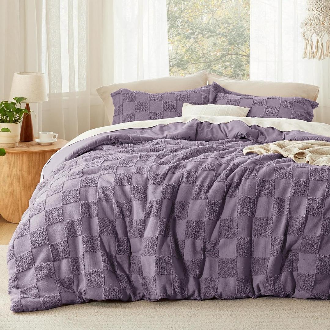 Bedsure Queen Size Comforter Set Grayish Purple, Boho Tufted Bed Set, Checkered Farmhouse-Style Distressed Vintage Bedding, 3 Pieces, 1 Plaid Geometric Comforter and 2 Pillow Shams