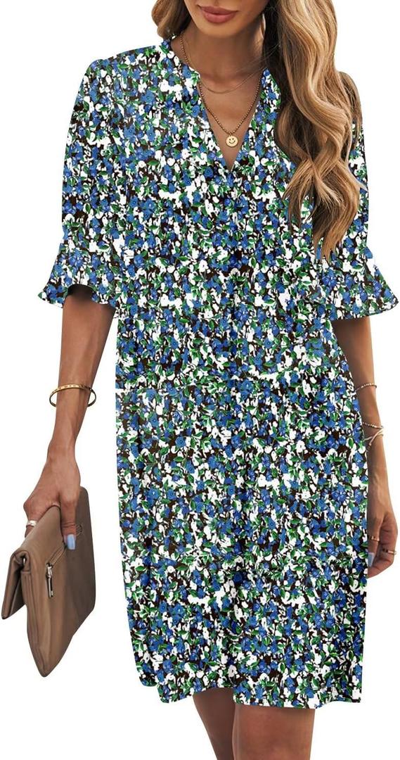 Wkior Shift Dress for Women V Neck Short Sleeves Solid Color Casual Flowy Summer Dresses (XX-Large, C2-floral 01)