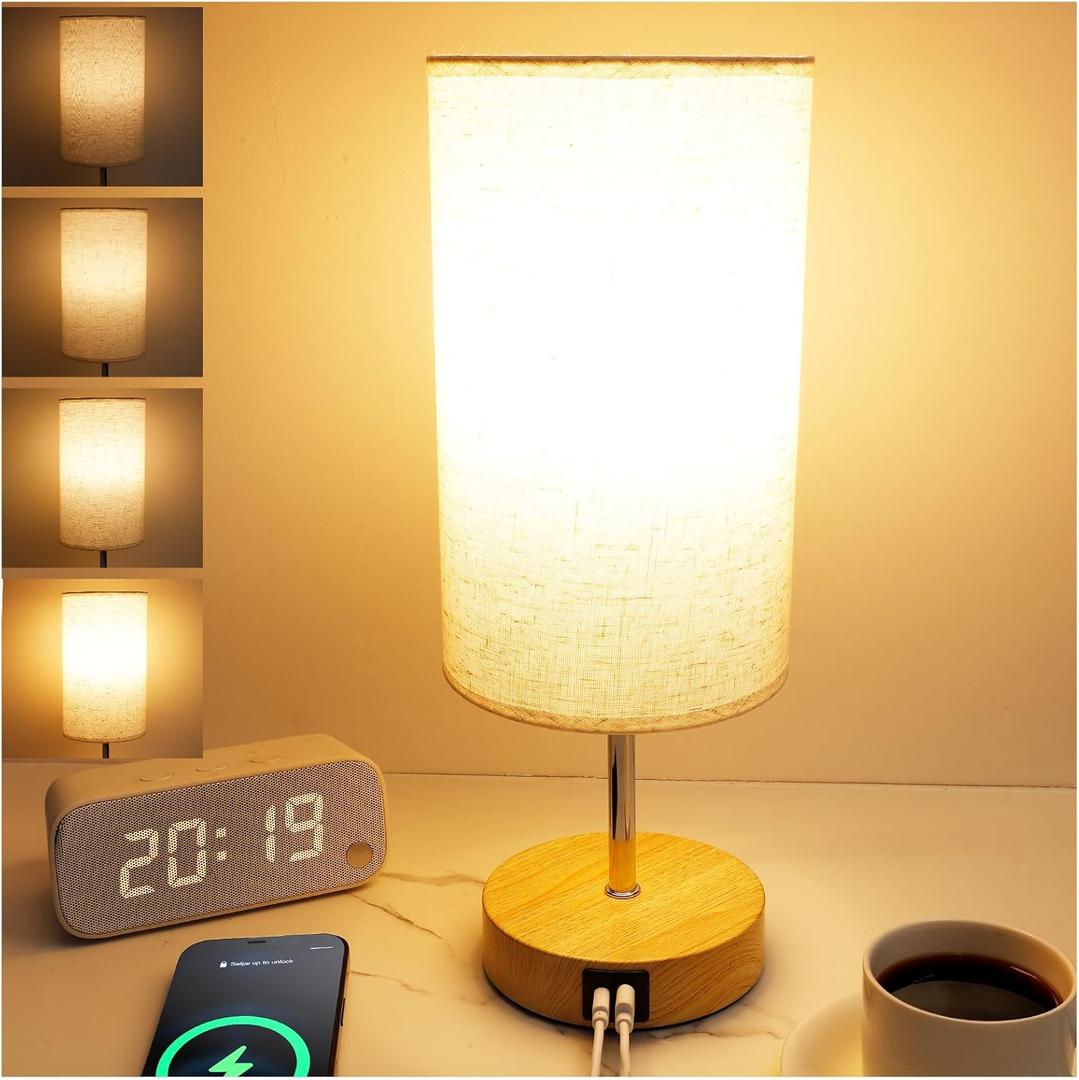 UNIFUN Bedside Table Lamp for Bedroom - 4 Way Dimmable Touch Lamp with USB and Type-C Charge Port, Small Wood Base Round Flaxen Fabric Shade Lamp Living Room,Bedroom Use(Yellow Color Base) (Warm White)