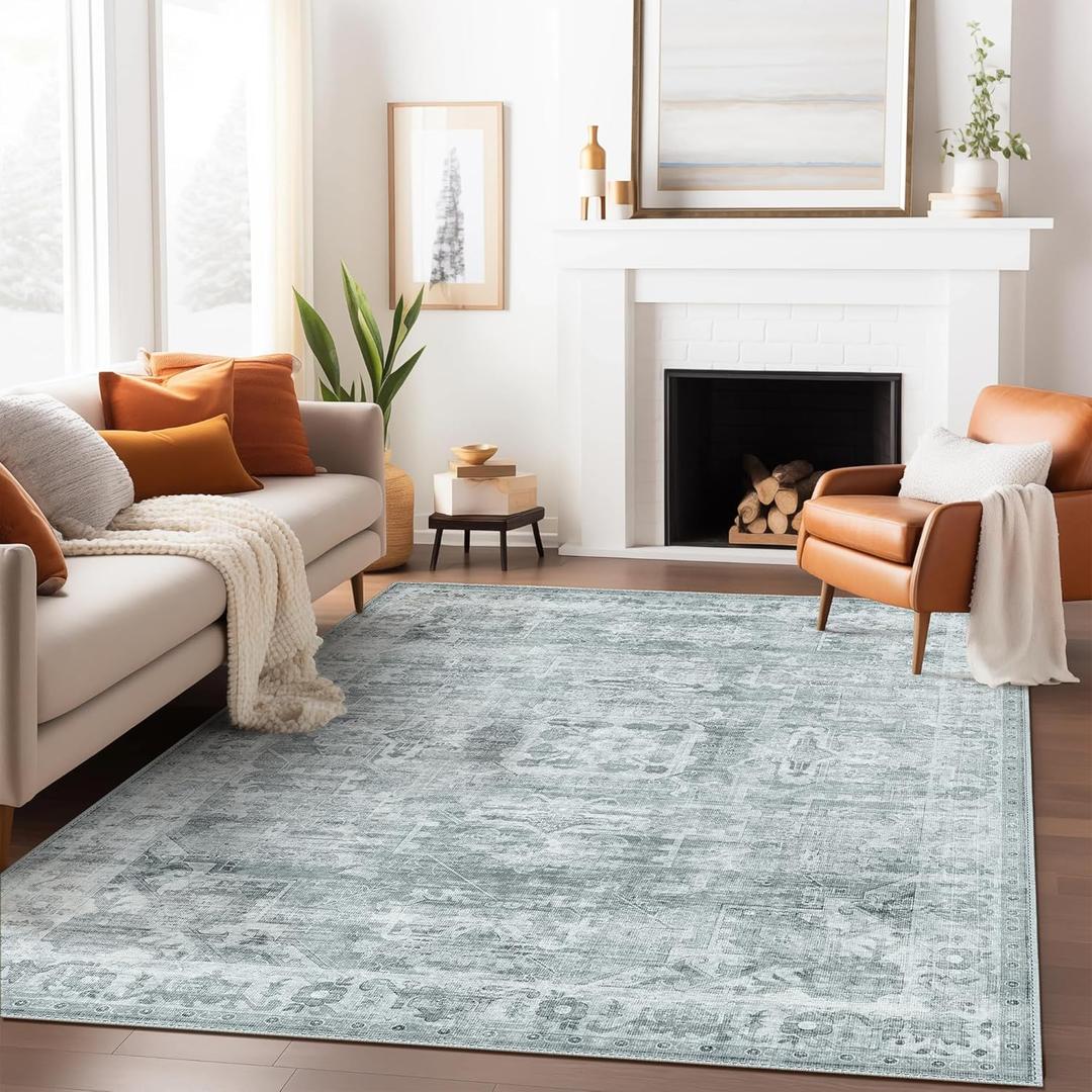 GENIMO Machine Washable 8x10 Area Rugs for Living Room, Non Slip Vintage Rugs, Low Pile Lightweight Chenille Print Rug for Bedroom, Dining Room, Home Office, Blue Gray