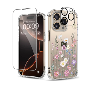 for iPhone 16 Pro Case,[3 in 1] with Screen Protector & Camera Lens Protector, Flower Pattern Design, Clear Soft Shockproof Slim Floral Phone Cover for Women Girls 2024 6.3"(Blooming Flowerets)