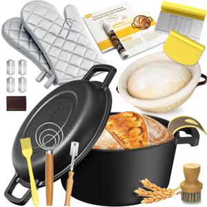 Cast Iron Dutch Oven for Bread Baking - Sourdough Starter Kit with Dutch Oven, Mitts, Banneton, Bread Sling & Baking Supplies, 5QT Pot with Lid for Sourdough Baking, Frying, Braising & Camping
