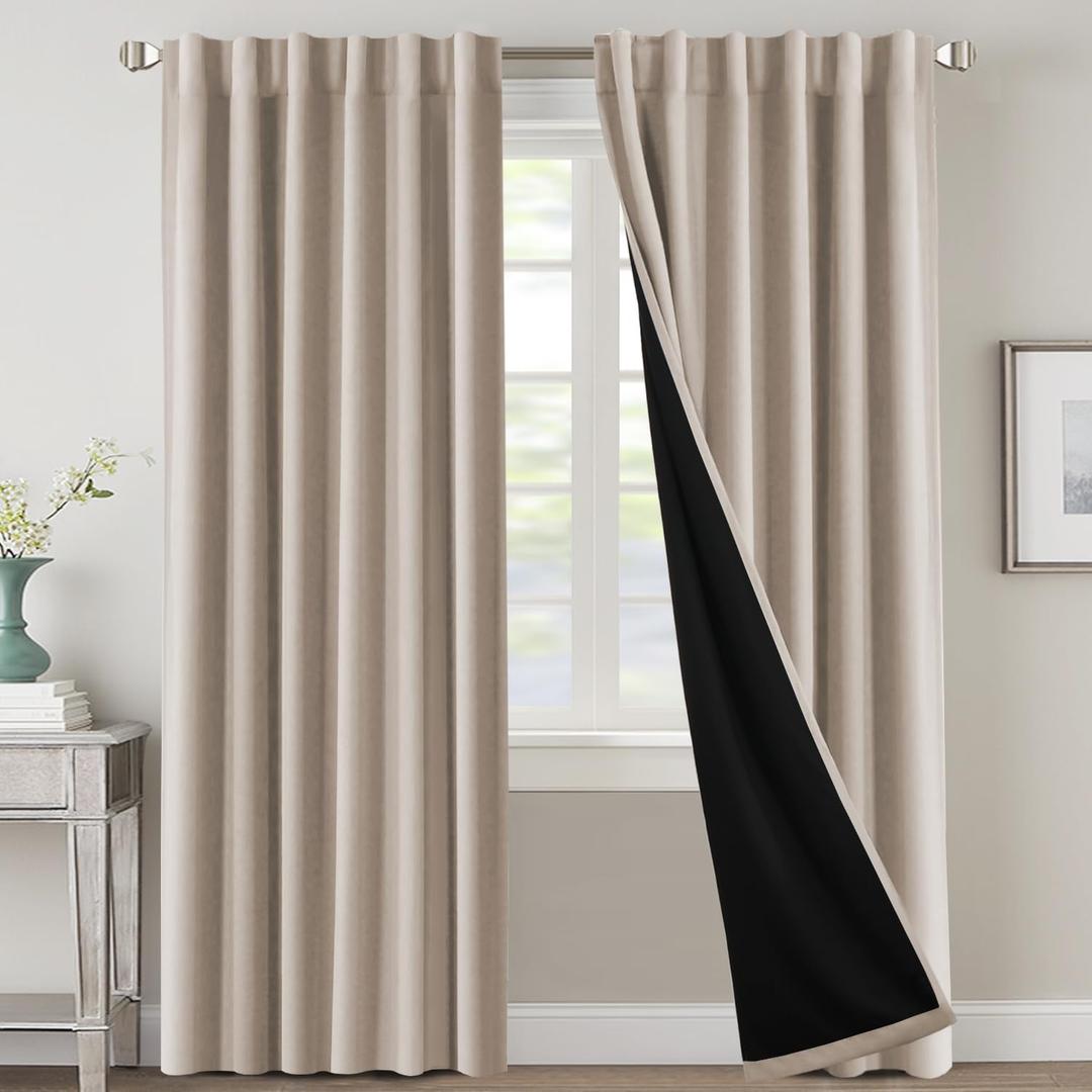 H.VERSAILTEX 100% Blackout Curtains for Bedroom with Black Liner Room Darkening Curtain 84 Inch Long Thermal Insulated Back Tab/Rod Pocket Window Treatment Drapes for Living Room, 2 Panels, Natural, 52"W x 84"L