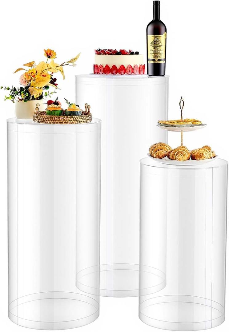 VEVOR Wedding Flower Stand, 3PCS 23.62/29.53/35.43 inch Round Cylinder Plinth, Clear Pedestal Stand with Transparent Acrylic Lid, Cylindrical Pedestal Stands for Wedding, Party, Birthday, Art Decor