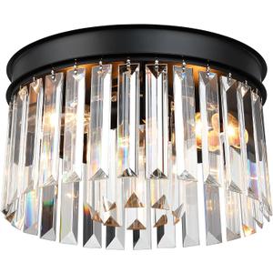 Black Flush Mount Ceiling Light Fixture, 12 Inch Modern Light Fixtures Ceiling, 3 Lights Crystal Chandelier Lighting for Living Room Dining Room Bedroom Kitchen Hallway Entryway, XDD006-3-BK-M-1