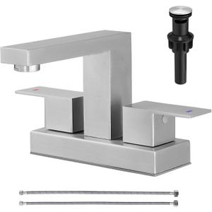 4 inch Bathroom Sink Faucet Brushed Nickel Centerset Bathroom Faucets for Sink 2 or 3 Hole with Pop-Up Drain & Supply Lines, 304 Stainless Steel 2-Handle RV Restroom Faucet