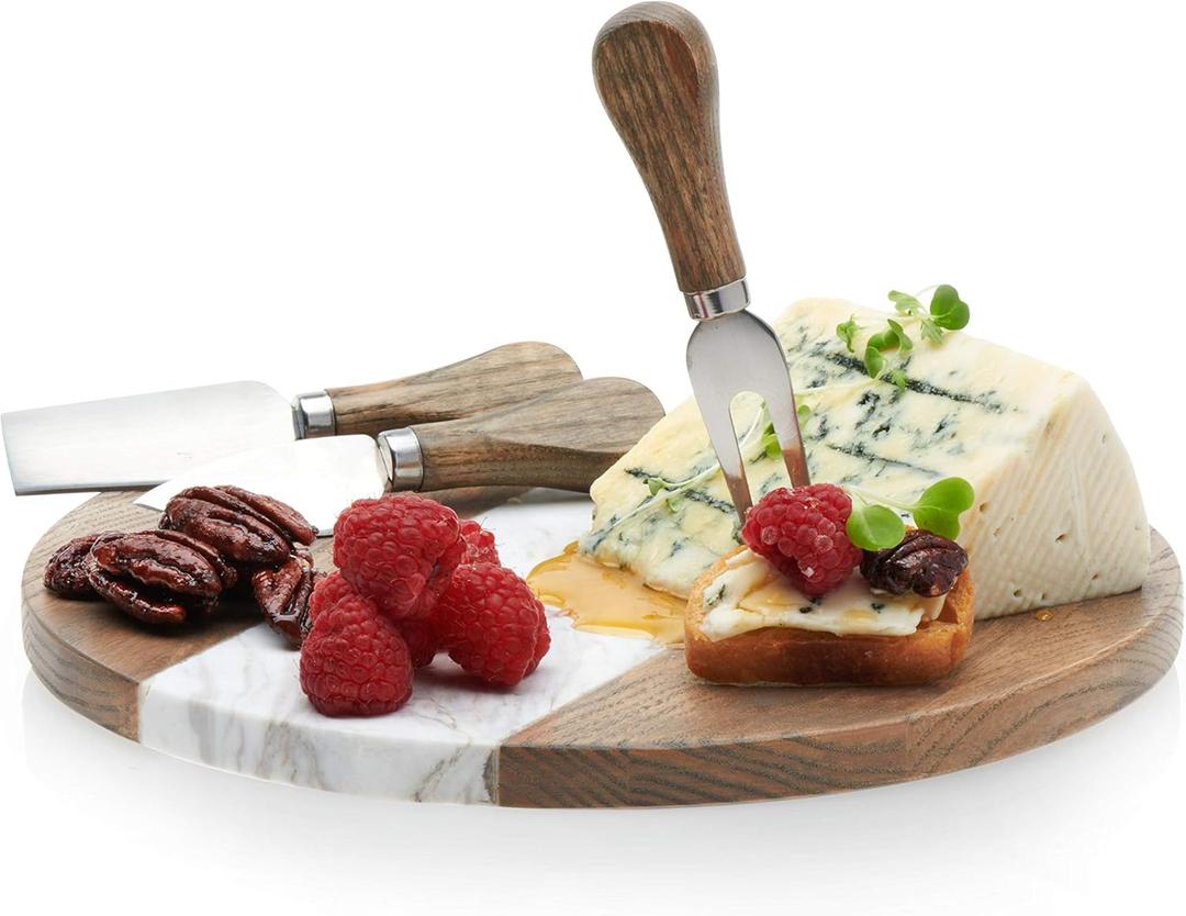 Prologue 99113 Handcrafted Marble Appetizer Board with 3 Wood-Handled Cheese Knives, Brown/White