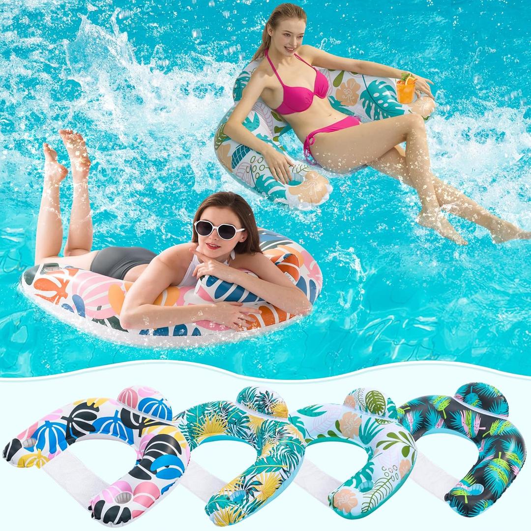 4 Pack Pool Floats Adult,OKSUWATER Pool Floaties for Adults with Two Cup Holders Inflatable Pool Floats Chairs, Lake Floats for Adults Applies to Water Play Party