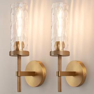 vookea 15" Knurled Brass Wall Sconces Set of 2, Gold Bathroom Vanity Light Fixtures with Water Ripples Glass Tube, Modern Lamp Lighting for Bedroom, Living Room, Hallway, Staircase, Mirror, Kitchen