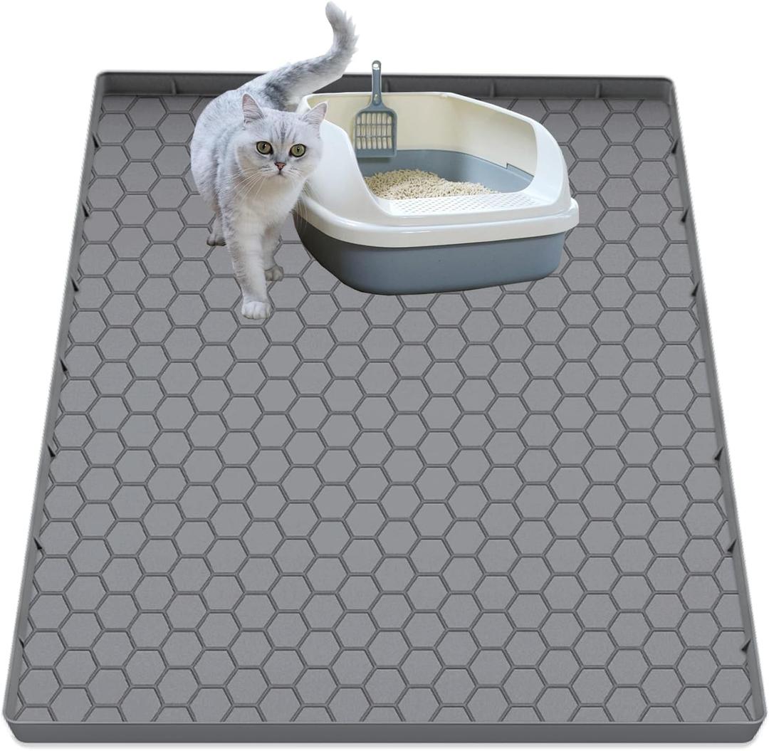 Cat Litter Mat for Litter Box, Silicone Large Cat Litter Trapping Mat - 37x22 in, Waterproof & Non-Slip, Durable & Easy Clean, Grey