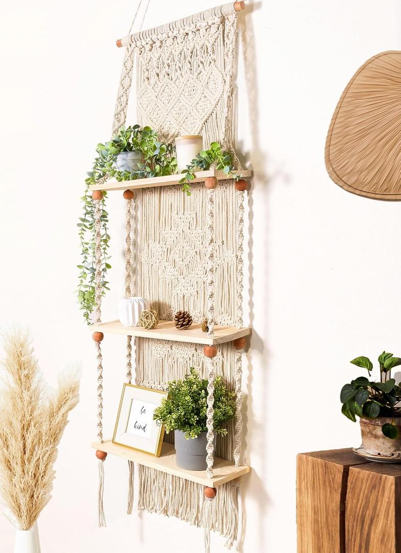 Macrame Wall Hanging Shelf 3 Tier Boho Wall Plant Hanger Shelves, Handmade of Woven Rope Boho Shelves Organizer for Living Room Bathroom Home Storage Floating Plant Rack Bohemian decor