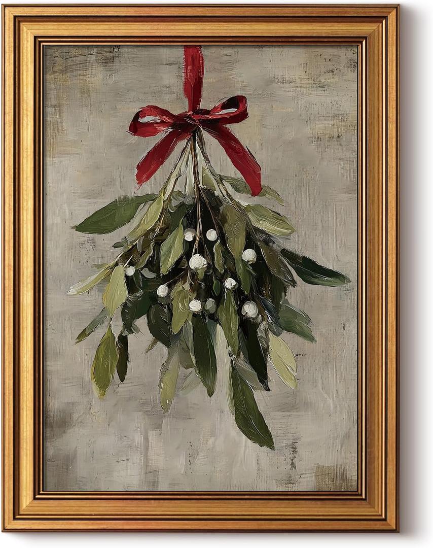 InSimSea Gold Framed Christmas Wall Art, Vintage Canvas Prints Decor, Mistletoe Paintings Wall Shelf Decor, Farmhouse Pictures for Winter Bedroom Holiday Decoration Gifts, 12x16inch
