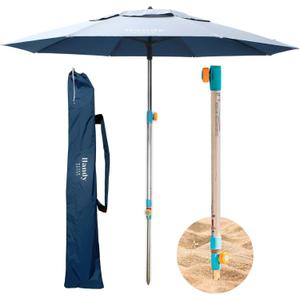 Handy Beach Umbrella & Anchor System, Large 7ft Silver Coated UPF 55 Canopy, 10 Second Installation, Wind Resistant, Durable, Lightweight, Comfortable Dual Pocket Bag Included