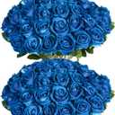 50 PCS Fake Blue Roses, Artificial Blue Flowers Realistic Silk Faux Rose with Stems for Wedding Decorations Romantic Gifts Anniversary Celebration Bridal Bouquets DIY Floral Arrangement Home Decor