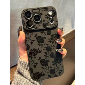 for iPhone 17 Pro Case 6.3 Inch 2025, Aesthetic Rose Floral Goth Phone Case for Women Girls Men, Slim Silicone Protective Phone Cover for iPhone 17 Pro, Black Flower
