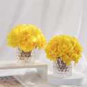 Rose Silk Flower Arrangement Artificial Vivid Rose in Glass Vase with LED Light Elegant Centerpiece for Home Wedding Bathroom Table Shelf Decoration (Yellow)