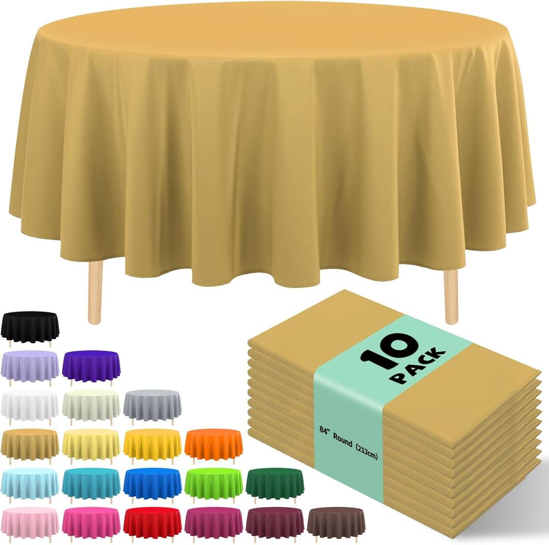 10 Pack Premium Disposable Plastic Tablecloth 84" Round Table Cover for Birthdays Weddings Christmas Anniversary Buffet Table (Gold)