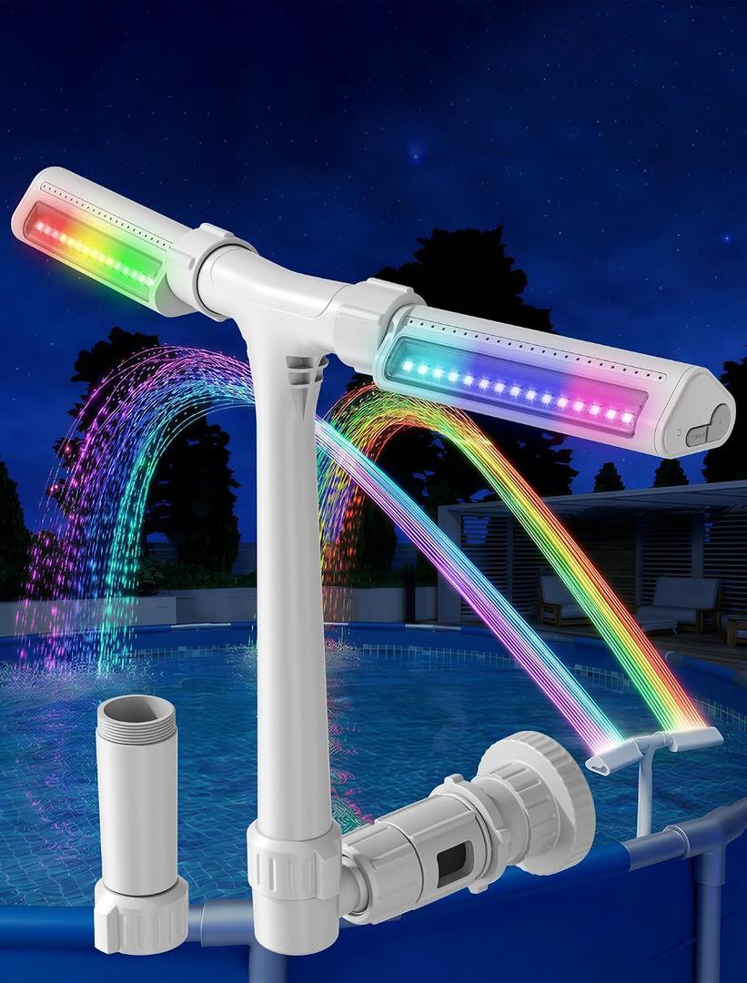 POOLHOUR Pool Fountain with 10 Colors Rainbow Lights for Above Ground/Inground Pools, Dual-Head Adjustable Pool Waterfall & Pool Sprinkler with Timer, 5000mAh Battery, Remote-Controlled, Grey