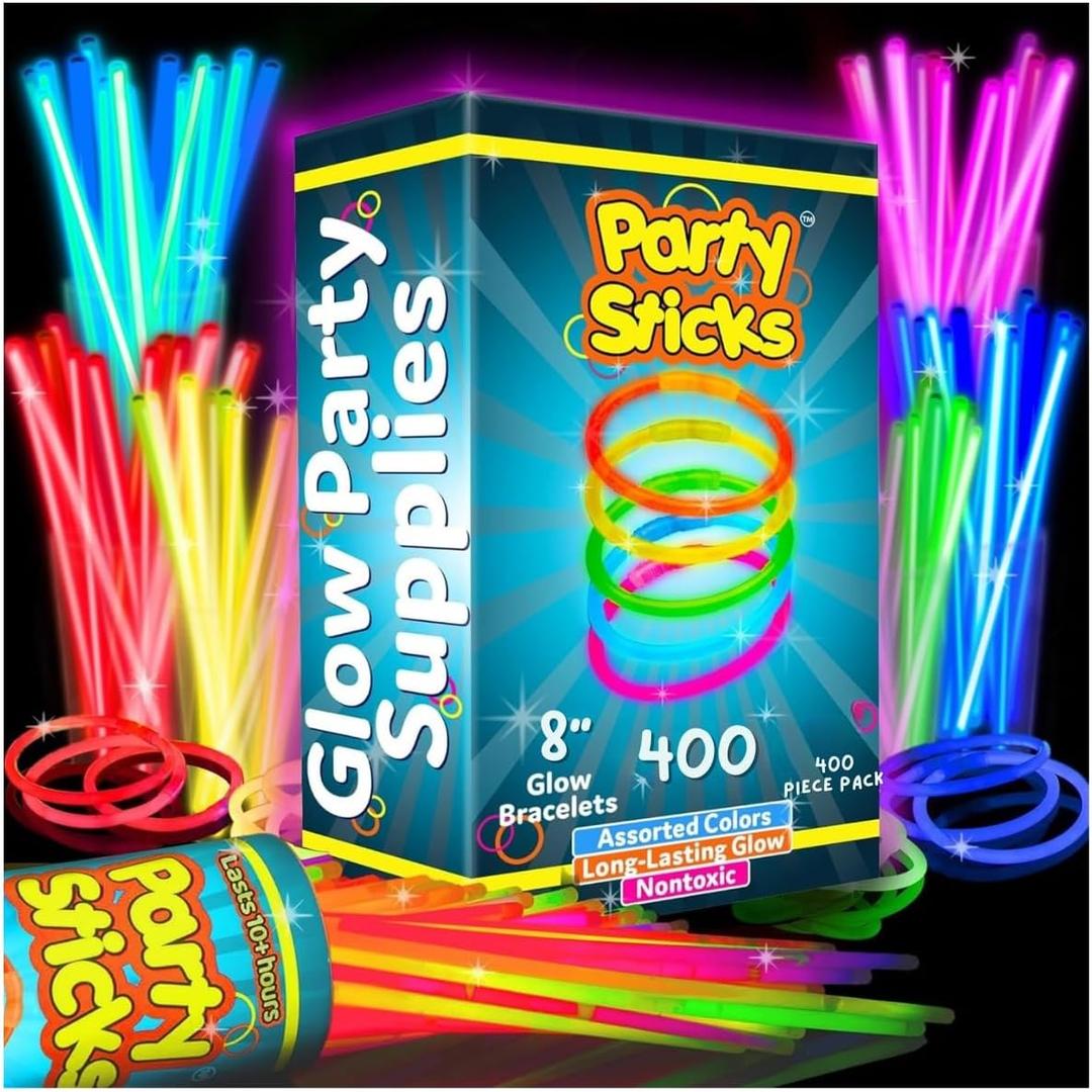 PartySticks Ultra Bright Glow Sticks Bulk Party Supplies 400 Pack - 8" Glow in the Dark Light Up Halloween Party Favors, Glow Decorations, Neon Party Necklaces and Bracelets with Connectors