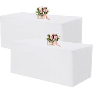 Fivenl 2 Pack Fitted Tablecloths 72 x 30 Inch, White Rectangle Table Clothes for 6 Foot Tables, Washable Polyester Fabric Table Cover for Parties, Wedding, Banquet, Trade Show