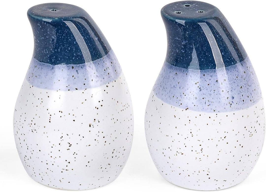 Ceramic Salt and Pepper Shaker Set - 2 Pack, Blue and White, Single Hole and Three Hole Dispensers, Elegant Kitchen Accessory