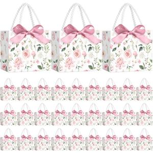 Moinchore 30 Pcs Pink Floral Paper Gift Bags with Ribbon Handles, 5.5 x 4.7 x 2.5 in Medium Decorative Favor Bags for Baby Shower, Bridal Party, Wedding, Birthday, Candy, Snacks and Small Gifts