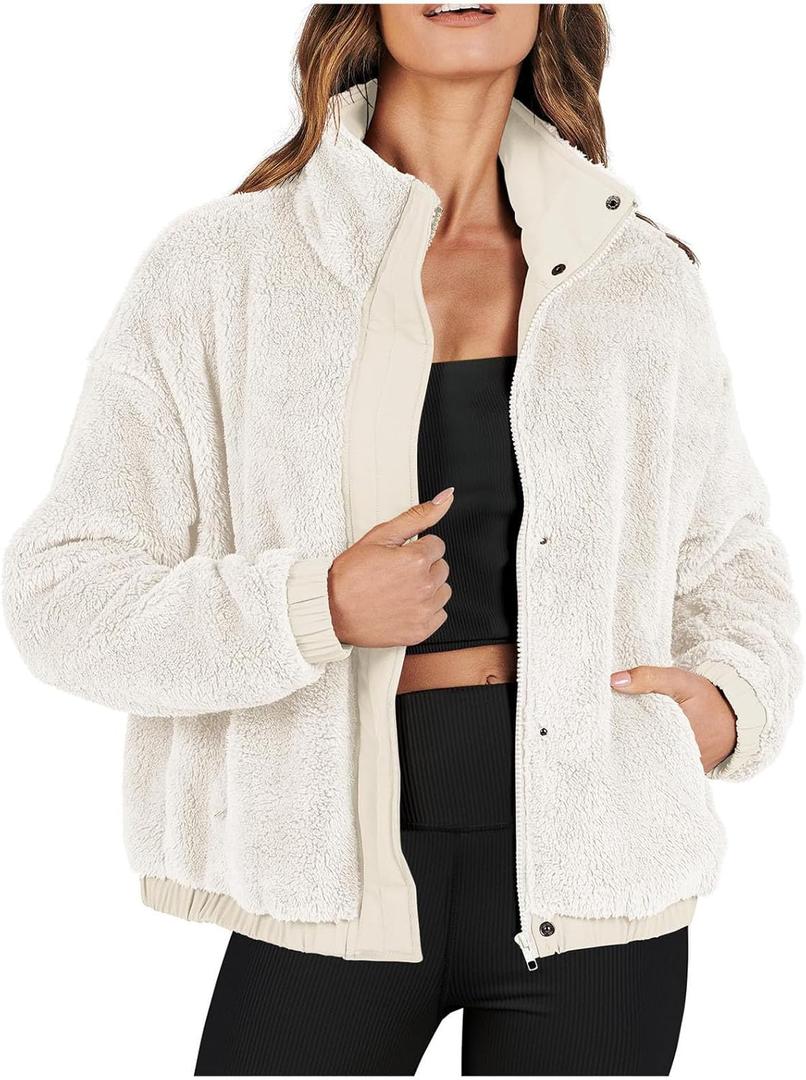 Womens Fleece Jacket 2024 Winter Fashionable Coat Long Sleeve with Full Zipper and Pocket Teddy Coats (Large, White)