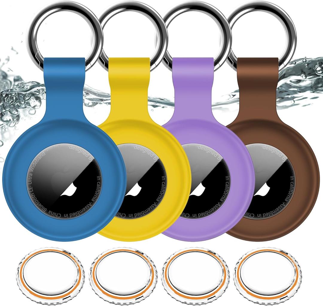 4Pack,Compatible with Airtag Holder Case with Keychain IPX8 Waterproof,Shockproof GPS Tag Tracker Cover [Anti-Scratch] [PC+Silicone] for Item Finders Case for Pets,Luggages-Yellow+Blue+Purple+Brown