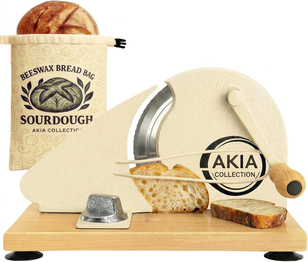 Manual Bread Slicer for Homemade Sourdough Rounds with Beeswax Bread Bag (2-in-1 Set)  Hand Crank Bread Cutter, Adjustable Thickness, Guide Rail, Uniform Artisan Slices (Cream)