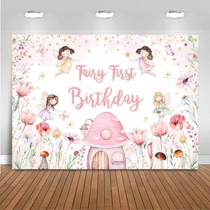 Mocsicka Fairy First Birthday Backdrop for Girl Pink Flowers Our Little Fairy is Turning One Photography Background Spring Magical Princess Fairy Birthday Party Decorations (Pink, 7x5ft(82''x60''))