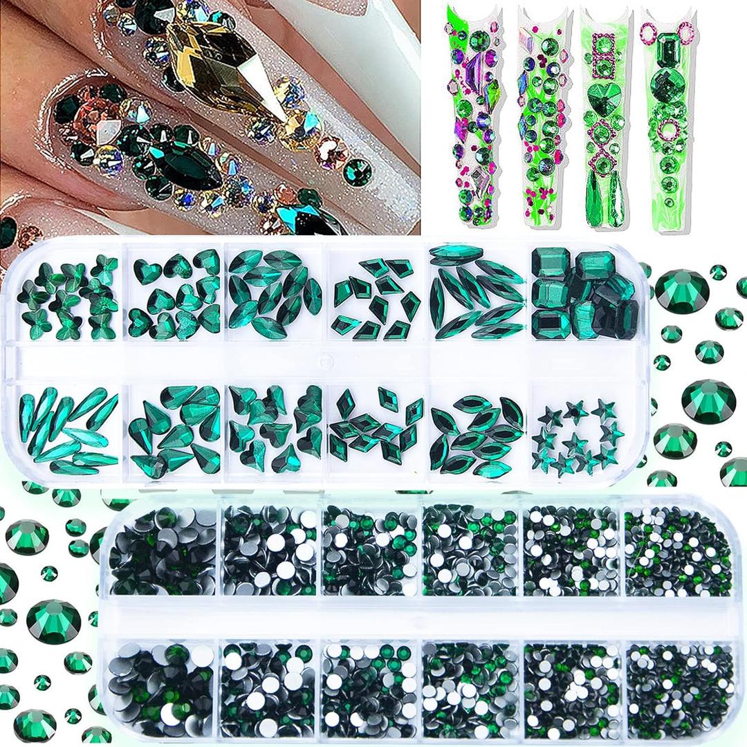 2120 Pcs Emerald Green Nail Rhinestones Green Crystals Glass Gems Stones Round Beads Flatback Rhinestones Multi Shapes Sizes Nail Charms for Nail DIY Crafts Clothes Shoes Jewelry