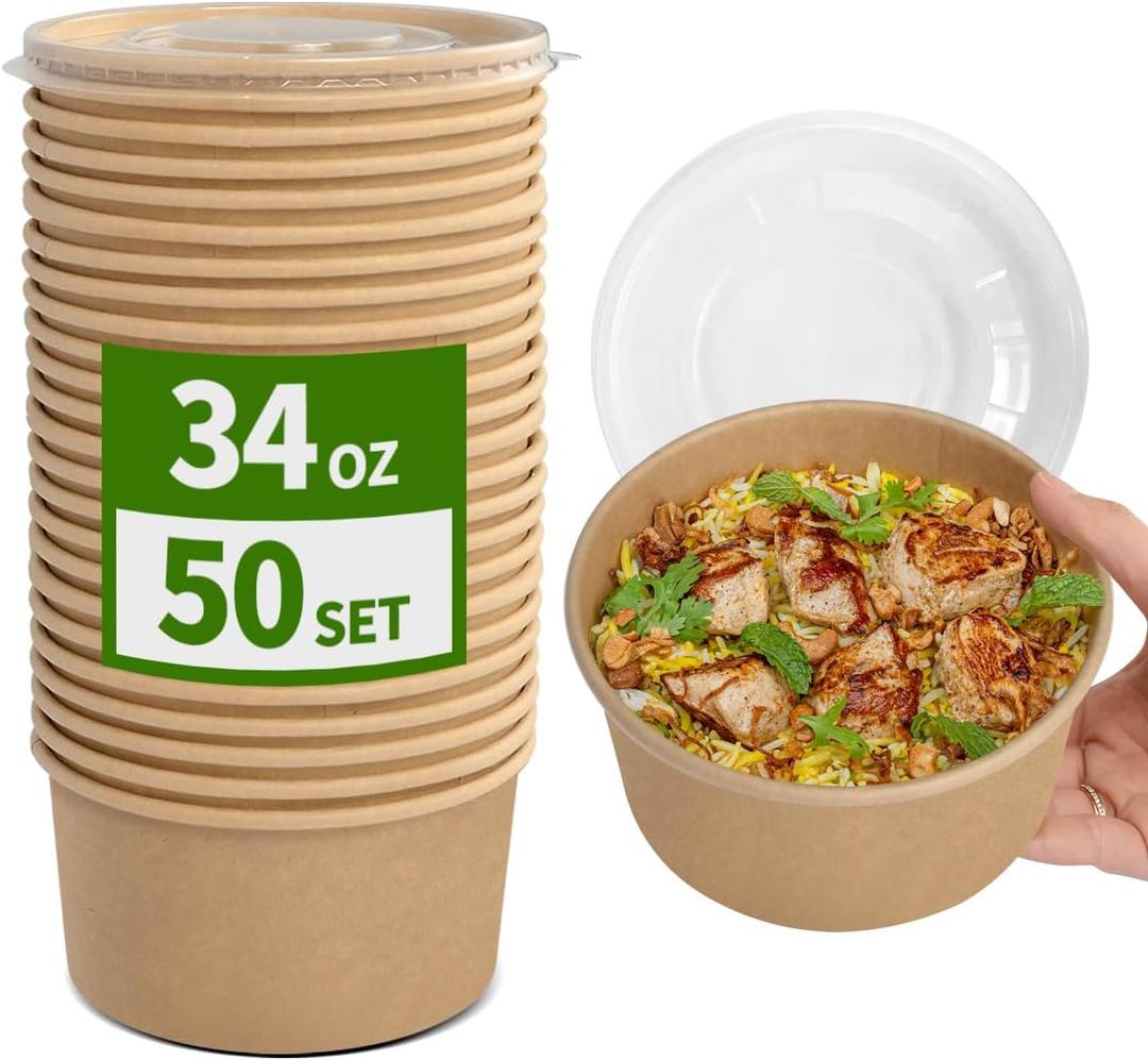 50 Pack 34 oz Paper Bowls with Lids, Disposable Salad Bowls To Go Salad Containers Meal Prep Containers Disposable Soup Bowls with Lids