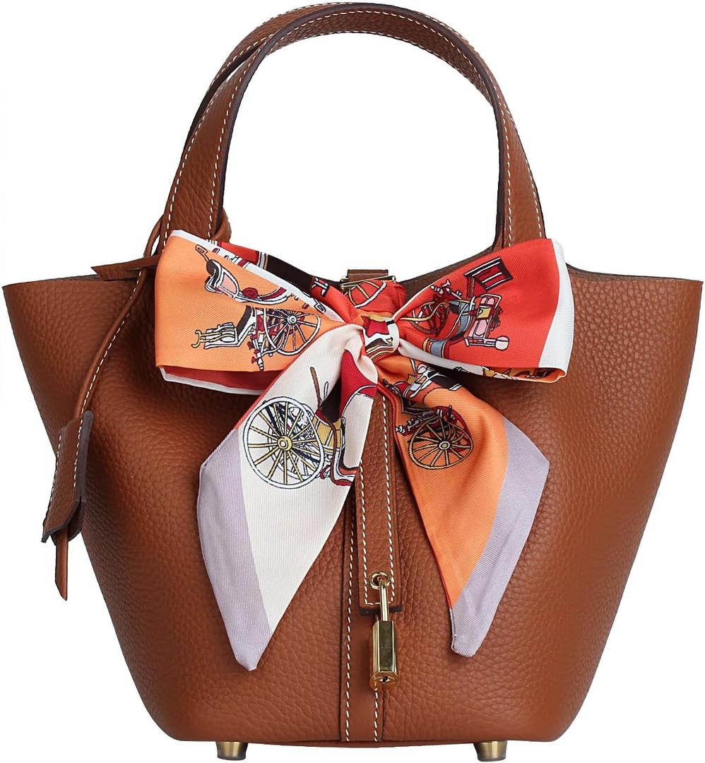 Genuine Leather Bucket Bag with a Scarf for Women Handbag tote bag with metal clasp, market tote bag