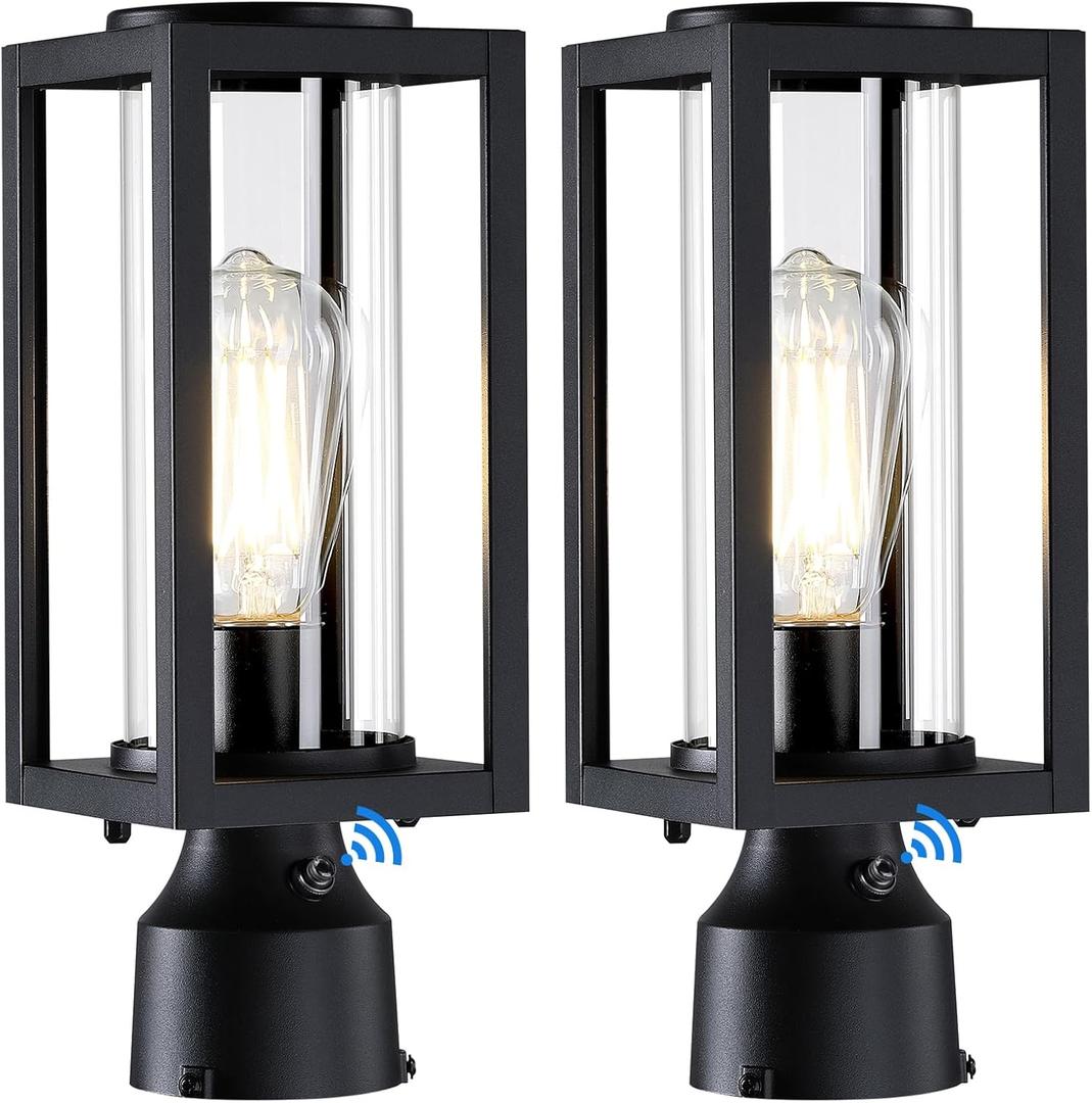 Dusk to Dawn Outdoor Post Lights 2 Packs, Lamp Post Light Fixture Modern Black Exterior Post Lantern Fixture with Tempered Glass, Anti-Rust Light Posts for Outside for Driveway Patio Garden, Dusk to Dawn Sensor-13''