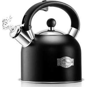 SUSTEAS Tea Kettle - 3.17QT Whistling Kettle with Ergonomic Handle - Premium Stainless Steel Tea Pots for Stove Top, Chic Vintage Teapot with Composite Base, Work for All Stovetops (Black)