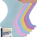 Pembrook Ribbed Knit Bamboo Viscose Diabetic Socks for Women - 5 Pairs | Crew Diabetic Socks for Women Size 9-11 | Neuropathy & Edema | Pink, Light Pink, Purple, Blue, Green, Yellow