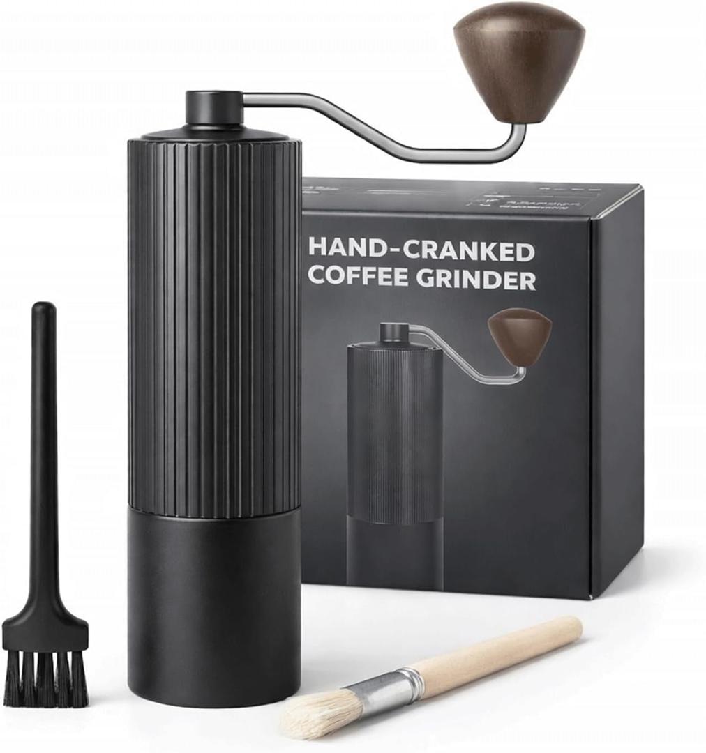 Manual Coffee Grinder, Adjustable 420 Stainless Steel Burr, Portable Hand Crank Coffee Mill, 30g Capacity for Espresso, Turkish & French Press, Aluminium Body with Walnut Handle for Multi-Use