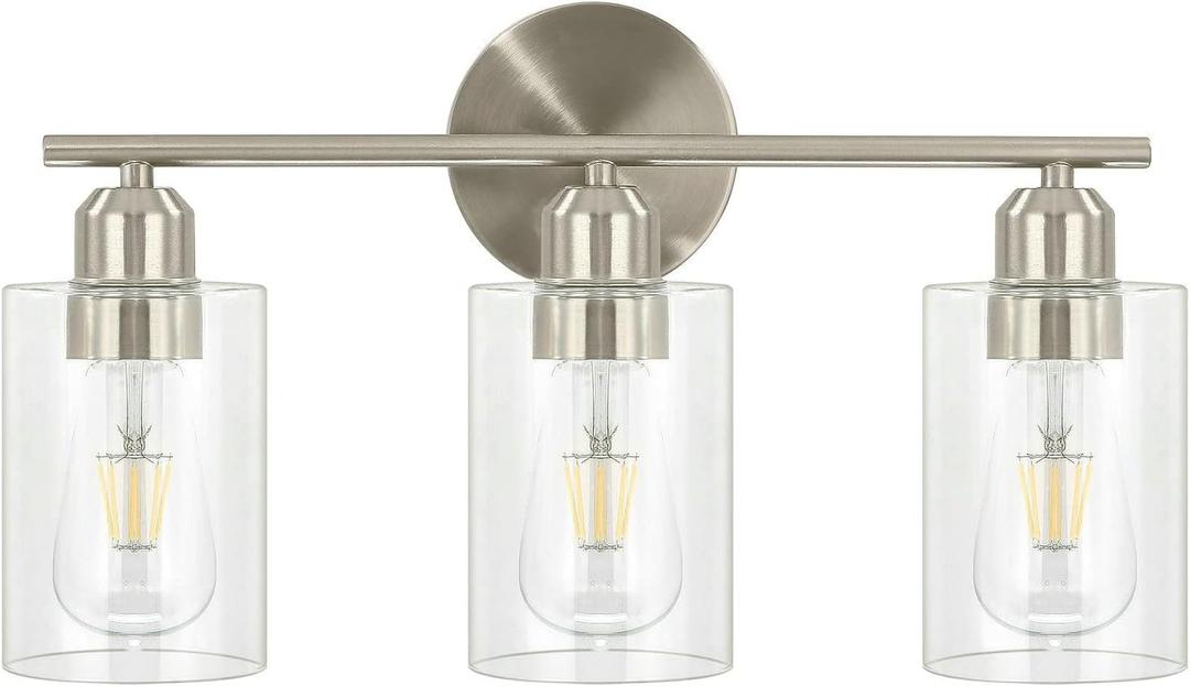 Luupyia 3 Light Bathroom Vanity Light Brushed Nickel Finish with Clear Glass lampshade, Wall Mount Bathroom Light Fixtures 3 Light Fixtures Over Mirror