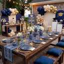 KIRE 140Pcs Blue Plastic Plates with Gold Rim - Gold Disposable Plastic Silverware with Blue Handle&Clear Cups&Hand Napkin - Geometric Party Plates for Memorial Day/Party/Graduation