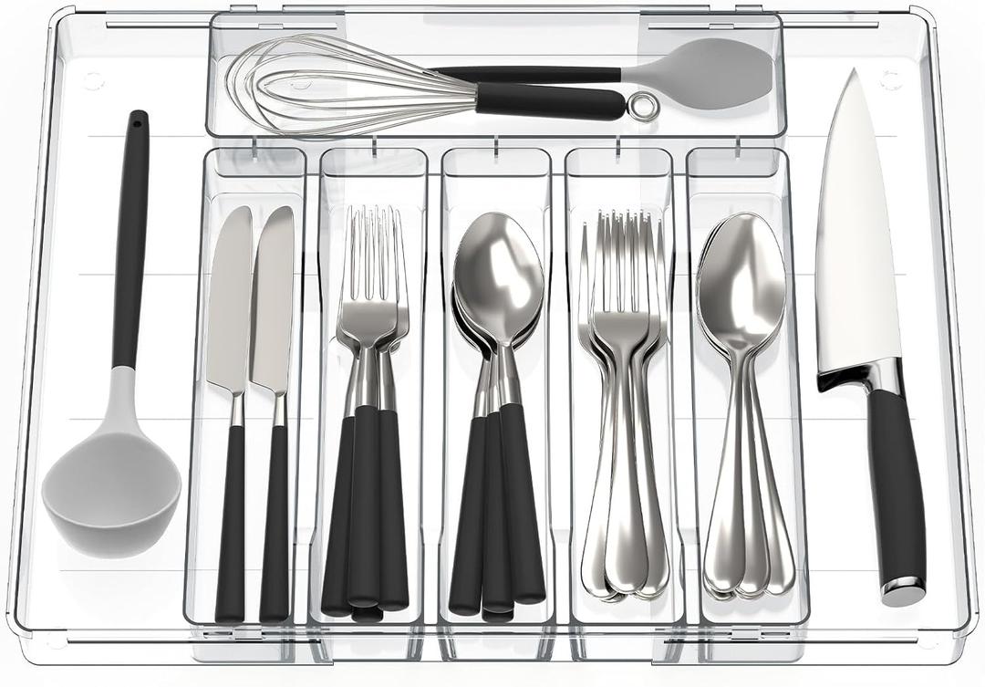 Kitsure Silverware Organizer - 8 Slots Expandable Drawer Organizer for Utensils & Cutlery, Multipurpose Kitchen Organizers and Storage Solution, Clear, 21.3" x 14.5" x 1.8"