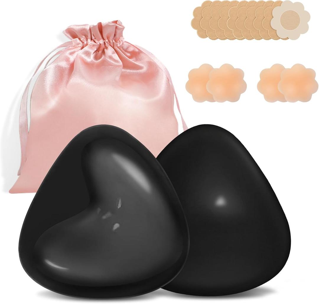 Sticky Bras Push Up Invisible Adhesive Bra, Reusable Silicone Backless Strapless Bra with Nipple Covers (Style C-black)