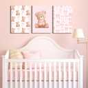 3Pcs Pink Teddy Bear Canvas Wall Art Coquette Bow Wall Decor Pictures Cute Animal Nursery Posters Prints for Baby Girls Room Bedroom Home Decorations