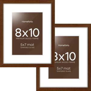 Homeforia 8x10 Picture Frame Brown, High End Dark Oak 8 x 10 Walnut Wooden Frames with Mat 5 by 7 Photo, 8x10 Wood Frame Matted to 5x7 Print, Wall or Tabletop Frame, Tempered Glass, Wall Kit, Set of 2