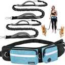 PetAmi Hands Free Dog Leash, Dog Running Leash Belt Bag for Walking, Jogging, Dog Waist Double Zipper Pouch with Poop Bag Dispenser, Dual Padded Handles Reflective Bungee Leash, Double (Turquoise)