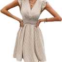 Women's Summer Dress V Neck Striped Mini Dress A Line Ruffle Sleeve Casual Dress (Medium, Brown)