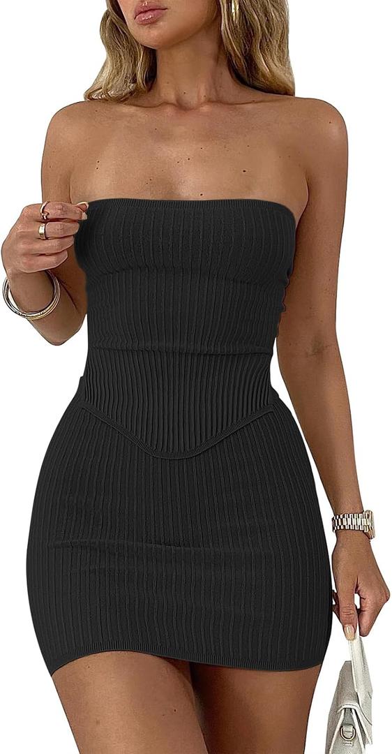 ANRABESS Women 2 Piece Skirt Sets Summer Strapless Crop Top Matching Bodycon Sexy Going Out Mini Club Dress Outfit Clothes (Medium, Black)