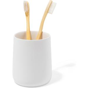 Yew Design Matte White Toothbrush and Toothpaste Holder and Cup for Bathroom Vanity and Countertop, Round Organizer for Electric Toothbrushes, Floss, Razors, Cotton, and Mouthwash
