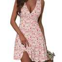 FENSACE Women Spring Dresses Summer Tank Warp V Neck Birthday Wedding Guest Pink Baby Shower Dress(Pink Floral-68,Small)